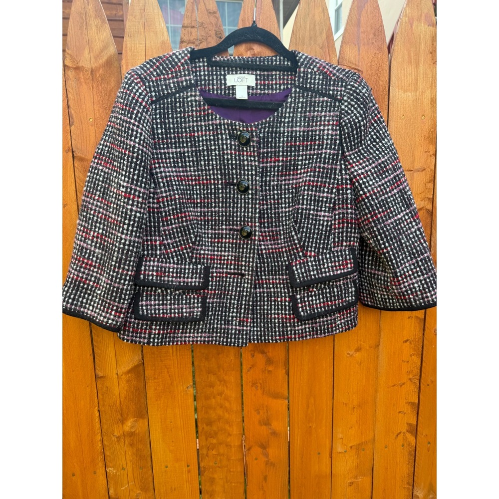Ann Taylor Loft Women 6 Black Red Plaid Tweed Cropped Blazer Jacket 3/4 Sleeve